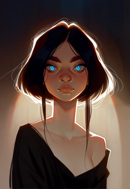 score_9, score_8_up, score_7_up, score_6_up, 1girl, portrait, petite, 25yo, perfect nose, skinny, snub nose, thin almond eyes, bright blue eyes, long straight hair, puffy upper lip, small lower lip, bare shoulders, looking at viewer, dramatic light, spotlight, night, (front view:1.1)