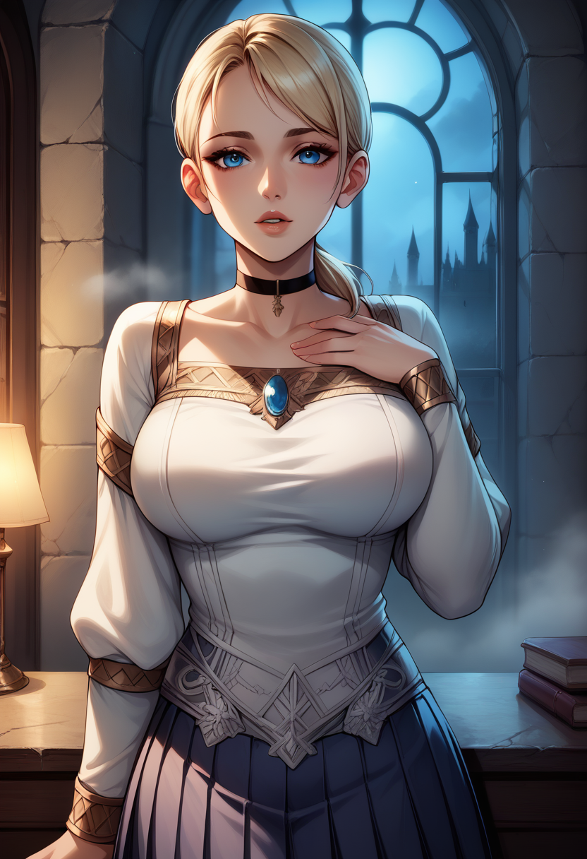 score_9, score_8_up, score_7_up, score_6_up, source_anime, BREAK masterpiece, <lora:FionaHG-000008(1):1>, FionaHaunting, blonde hair, choker, white dress, pleated skirt, puffy sleeves, ponytail, parted lips, breasts, looking at viewer, fog, castle, indoors, large window, hand on own chest, night, blue eyes