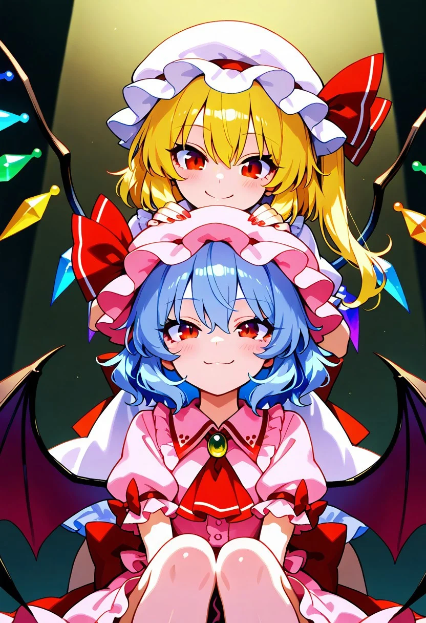 masterpiece, best quality, 21 year old model, eyelashes, (beautiful eyes),
2girls, zzRemilia, red eyes, blue hair, short hair, hat, ribbon, wings, ascot, hat ribbon, pink dress, bat wings, short sleeves, frills, puffy sleeves, zzFlandre, red eyes, blonde hair, one side up, hair between eyes, wings, ascot, red skirt, hat ribbon, short sleeves, puffy sleeves, mob cap, red shirt,
smile, looking at viewer, shiny skin,
embarassed, (head pat),
sitting, looking at each other, facing each other,