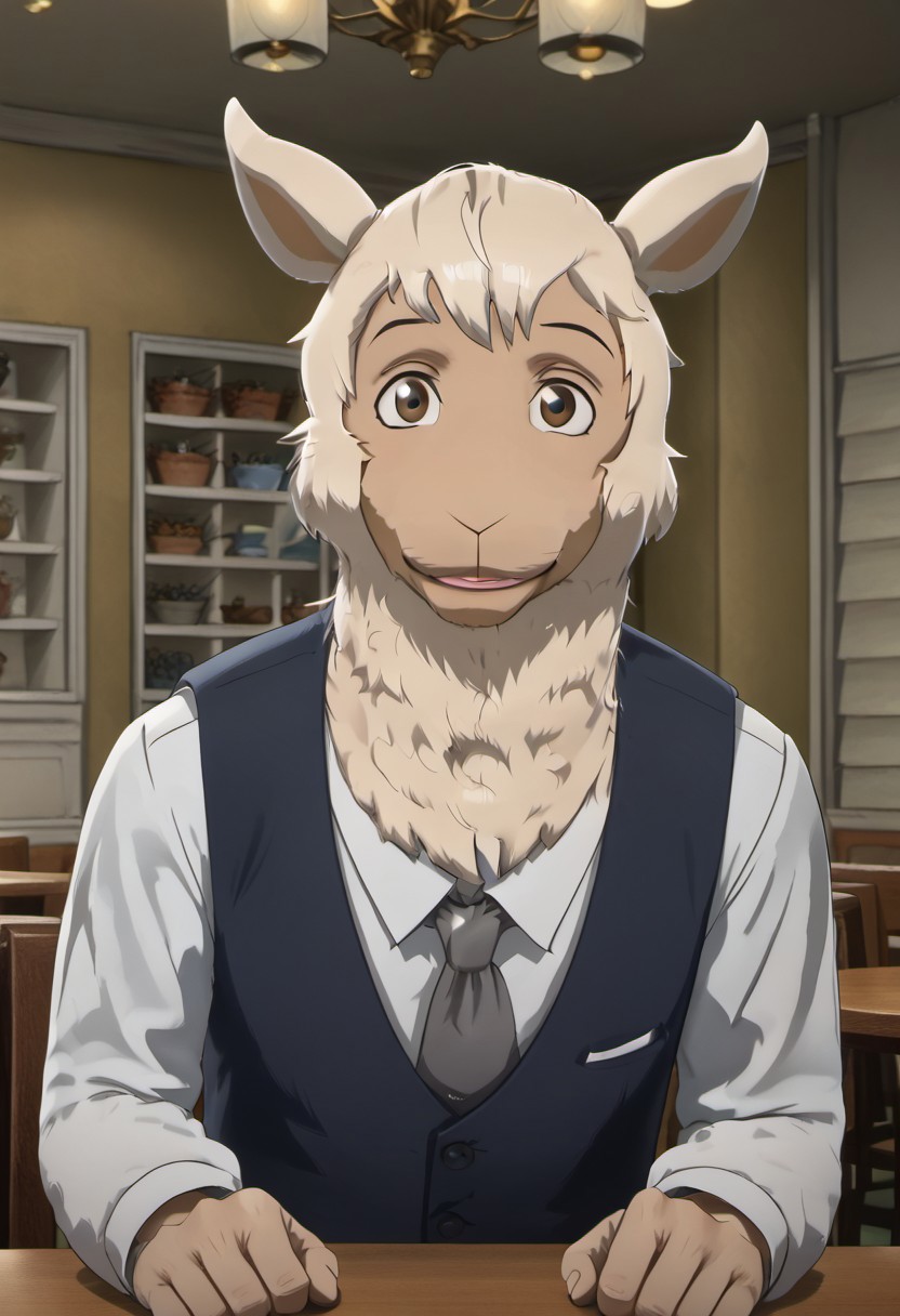 score_9_up, score_8_up, score_7_up, masterpiece, best quality, amazing quality, very aesthetic, absurdres, newest,  high quality, detailed, male, solo male, Tem, 1boy, mature male, male, anthro, alpaca, animal ears, brown eyes, light skin, white wool, white long sleeve shirt, blue vest, grey tie, striped grey pants, half body, indoors, cafeteria, looking at viewer, smiling, sitting at table