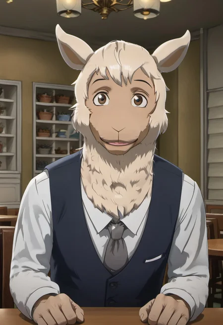 score_9_up, score_8_up, score_7_up, masterpiece, best quality, amazing quality, very aesthetic, absurdres, newest, high quality, detailed, male, solo male, Tem, 1boy, mature male, male, anthro, alpaca, animal ears, brown eyes, light skin, white wool, white long sleeve shirt, blue vest, grey tie, striped grey pants, half body, indoors, cafeteria, looking at viewer, smiling, sitting at table