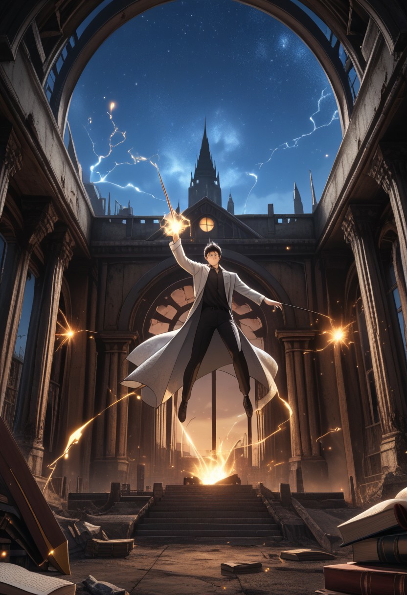 KimDokja, brown eyes, black hair, short hair, Kim clothes, smiling, holding a book in one hand and a sword in the other, sparks of electricity jumping in the background, detailed eyes, full body shot, night, starry sky, beautiful sky, detailed background, abandoned city, ruins, 
He wields a glowing, celestial sword,