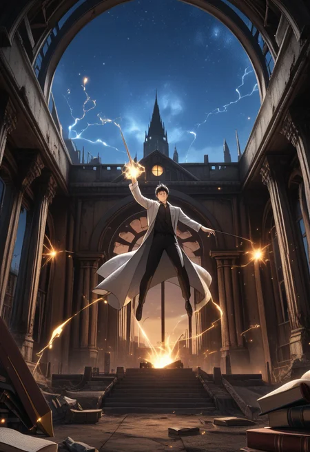 KimDokja, brown eyes, black hair, short hair, Kim clothes, smiling, holding a book in one hand and a sword in the other, sparks of electricity jumping in the background, detailed eyes, full body shot, night, starry sky, beautiful sky, detailed background, abandoned city, ruins,
He wields a glowing, celestial sword,
