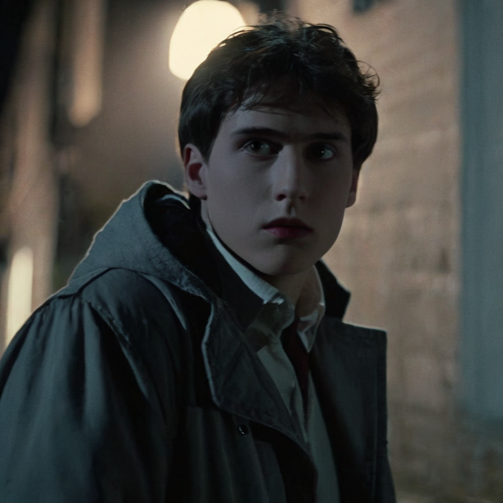 Horror-themed,  <lora:Fright Night 1985 Film Style:1>
Cinematic Closeup Shot Film Footage captured by Panavision Cameras and Lenses, Evil Ed a young man with a profile face view in a dark jacket staring at something in the left outdoors in a dark alley with perfect cool white moonlight shadow light dramatically lighting his face Fright Night 1985 Film Style, Eerie, unsettling, dark, spooky, suspenseful, grim, highly detailed