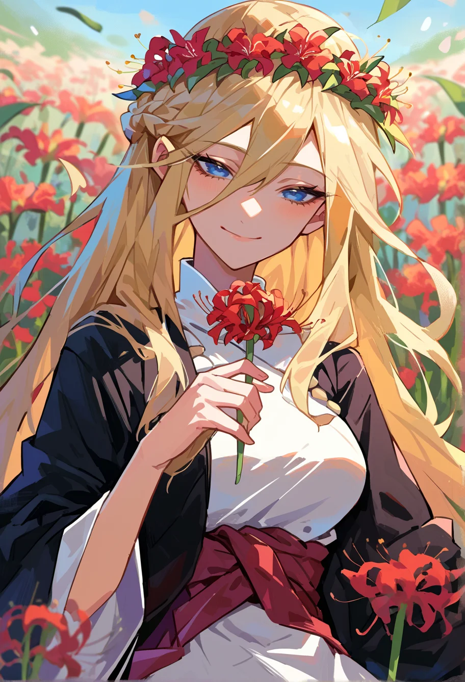 score_9, score_7_up, source_anime, BREAK <lora:Spiderlily:1> spider lily, flower field, red flower wreath, half-closed eyes, flower bed,
black kimono, light smile, 1girl, blue eyes, very long hair, blonde hair, long blonde hair, french braid, bangs, hair between eyes, medium breasts, on back, holding flower,