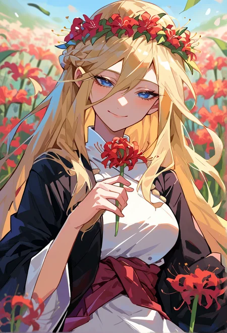 score_9, score_7_up, source_anime, BREAK <lora:Spiderlily:1> spider lily, flower field, red flower wreath, half-closed eyes, flower bed,
black kimono, light smile, 1girl, blue eyes, very long hair, blonde hair, long blonde hair, french braid, bangs, hair between eyes, medium breasts, on back, holding flower,