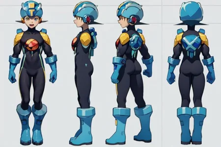 (masterpiece, official art), best quality, 1boy, solo, chara-sheet, megaman, blue footwear, blue headwear, bodysuit, boots, covered collarbone, yellow pauldron, full body, blue gloves, green eyes, helmet, looking at viewer, male focus, open mouth, purple bodysuit, simple background, smile, solo, standing, muscular, large pectorals, thick thighs