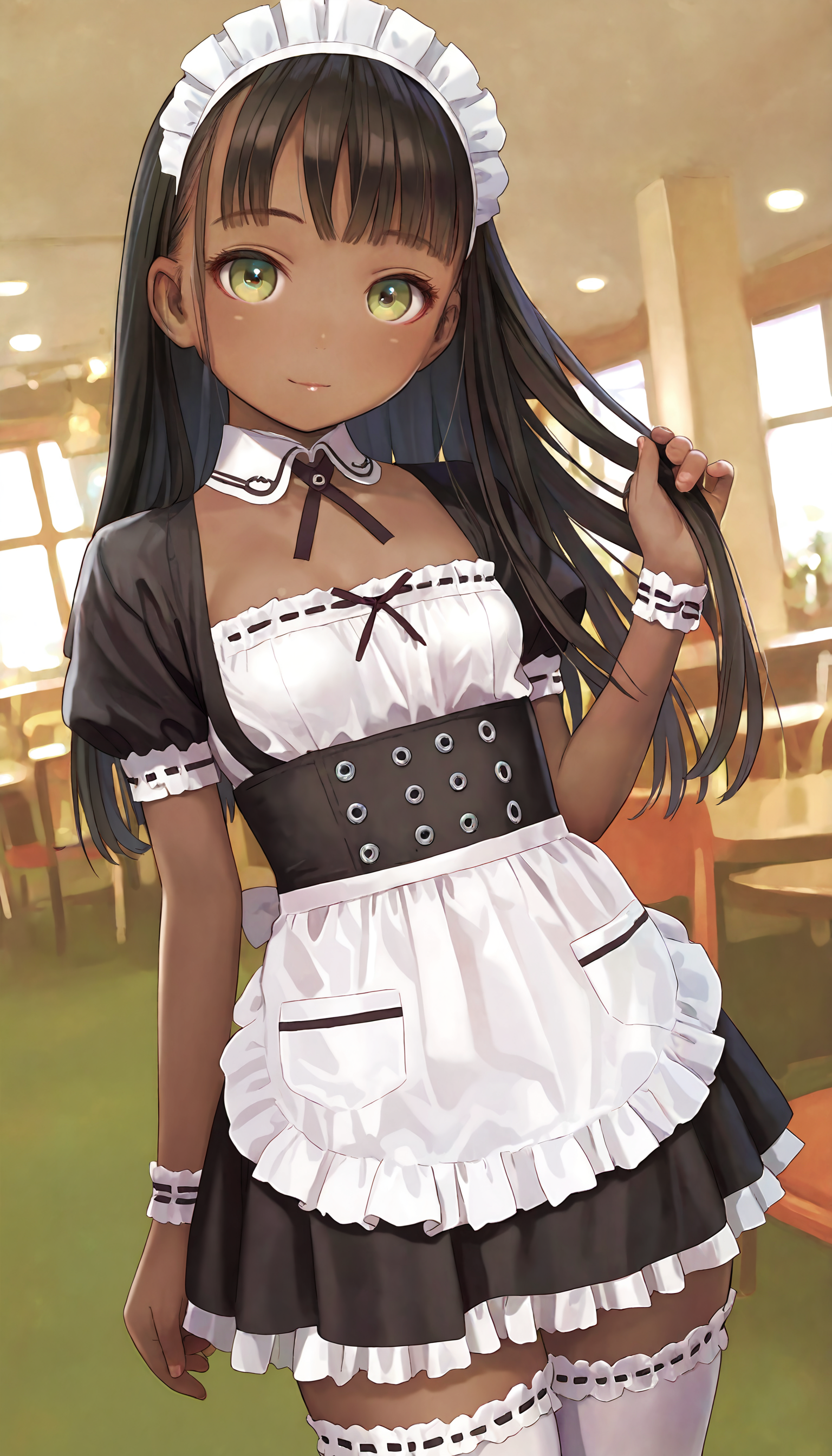 ((ultra-detailed)), ((best quality)), ((beautiful eyes)), ((extremely detailed)), 4K, (8K), best quality, (beautiful), Master piece, highres, best quality, official art, highres, masterpiece, newest,1girl, solo, dark-skinned girl, black hair, long hair, green eyes, :(, small breasts, bangs,maid outfit, maid cafe, standing, looking at viewer, dutch angle