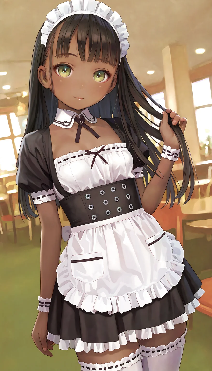 ((ultra-detailed)), ((best quality)), ((beautiful eyes)), ((extremely detailed)), 4K, (8K), best quality, (beautiful), Master piece, highres, best quality, official art, highres, masterpiece, newest,1girl, solo, dark-skinned girl, black hair, long hair, green eyes, :(, small breasts, bangs,maid outfit, maid cafe, standing, looking at viewer, dutch angle