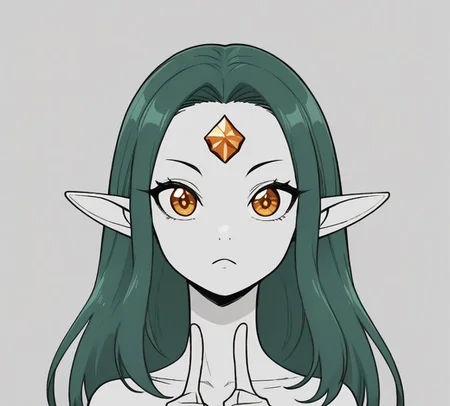 ASCIIASCIILapanya, 1 person, solo, pointy ears, ((snout nose)), flat chest, up close, neck-up view, forehead focus, highly detailed)), front view, pale skin, bony physique, slender jaw, high cheekbones, yellow irises, half-lidded eyes, dark teal hair, long straight hair parted in the middle, bony build, small nostrils, orange diamond shaped gemstone on forehead, ((hands raised, both hands pointing directly at gemstone on forehead))
Lineart, clean lines, up close, upper body focus, highly detailed face, high quality, best quality,  score: 9, score: 8 up, rating: safe