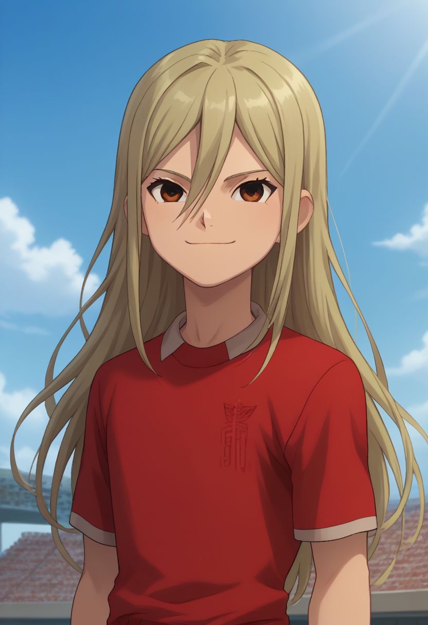 core_9, score_8_up, score_7_up, source_anime, highly detailed, slender, skinny, cute, 1boy, solo, male_focus,
byron, male focus, 1boy, solo, long hair, sky, cloud, blonde hair, day, soccer uniform, red shirt, smile, sportswear, brown eyes,