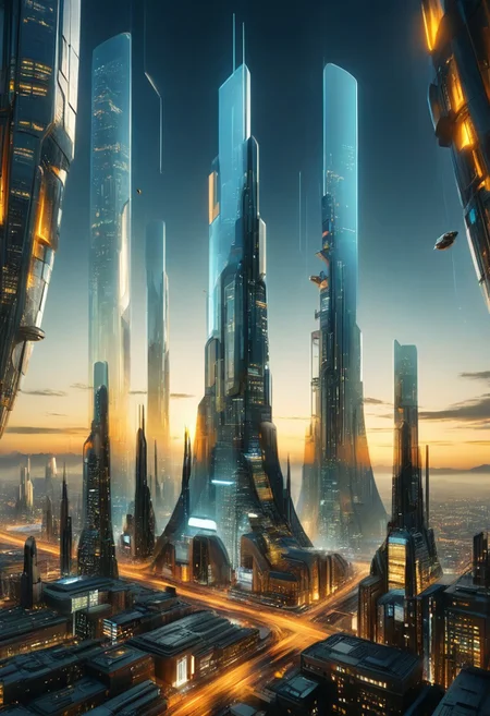 by Artem Chebokha , by Dave McKean , by Alan Schaller , a futuristic cityscape with towering skyscrapers made of transparent material , in the (style of luminous contour fusion:1.6), complex, circular, colossal scale, limited dark palette, unusual colors, atmospheric haze, highly dramatic volumetric lighting, professional, finest details, maximized details, ultimate detail level, masterpiece, best quality, highly artistic, highly painterly, harmonic, best composition, expressive, ultimate aesthetic level, masterclass artistry, hyper realistic, UHD, HDR, 8K, cinematic film grain, highest details, high contrast, sharp focus