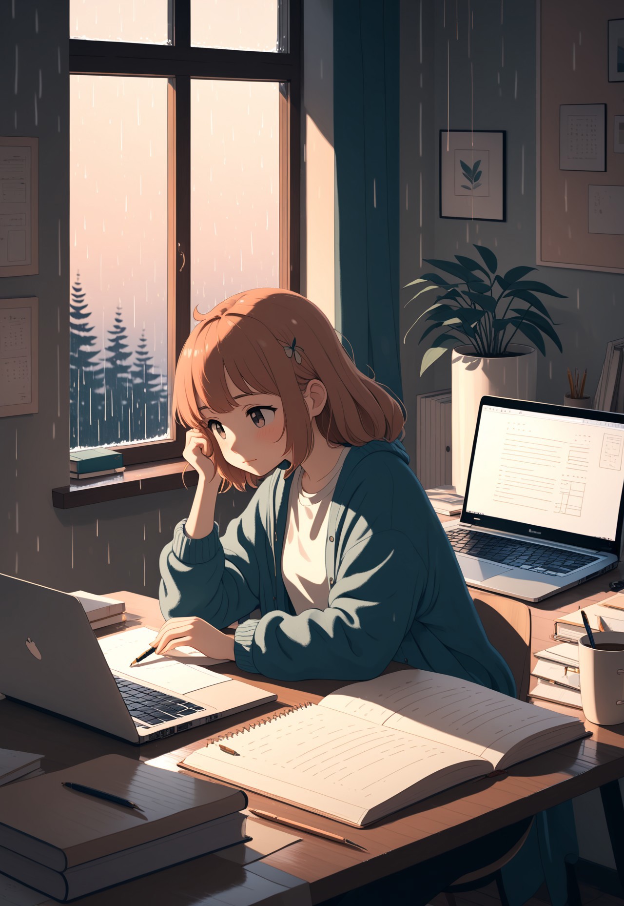 Cozy bedroom scene featuring a (lo-fi girl:1.3) style, with a (somber:1.2) atmosphere. Show a (homework desk:1.4) cluttered with a (laptop:1.3), (notebook:1.2), and scattered papers, illuminated by soft, warm light. Rain gently patters against the window, creating a tranquil backdrop. Emphasize (introspective mood:1.2), (detailed textures:1.3), and (subtle color palette:1.1) to enhance the cozy, reflective vibe
