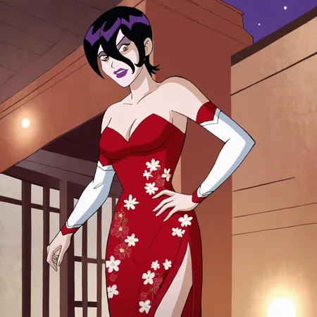 <lora:FoaraLooneyTunes_pony_v1:1>  FaoraLooneyTunes, 1girl, lipstick, makeup, short hair, black hair, medium breasts,  hair between eyes, purple lips, cowboy shot,  <lora:1007 Chinese wedding dress_v1_pony:1> ruanyi1007,bare shoulders,detached sleeves,red dress,floral print,strapless dress,