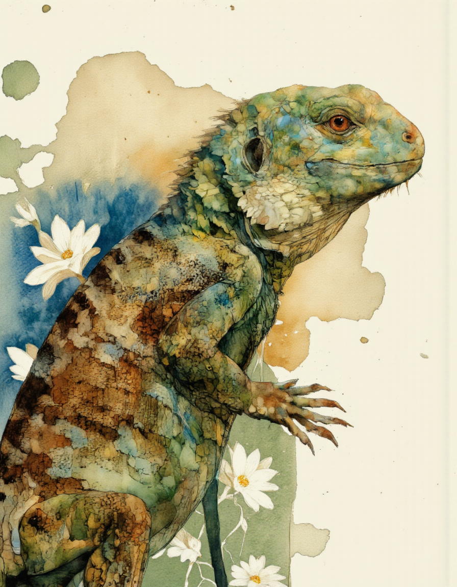 . A watercolor and ink illustration shoot from a profile camera angle about a close-up illustration of a lizard with detailed scales and a striking red eye, set against a soft, pastel-colored background with splashes of blue and green. the lizard is positioned in the middle of the image, with its upper body facing the viewer and its head turned slightly to the side, giving a serene expression. its body is covered in a pattern of small, intricate scales in shades of green and brown, with a few darker spots scattered across its body. its eyes are a deep, rich red, and its mouth is slightly open, revealing a hint of a smile. on the left side of the lizard, a white daisy flower is visible, adding a touch of whimsy to the image. the background is composed of soft, muted colors, including shades of blue, green, and white, creating a subtle contrast with the lizard's vibrant colors. the overall style is reminiscent of modern art, with bold lines and vibrant colors that bring the lizard to life.