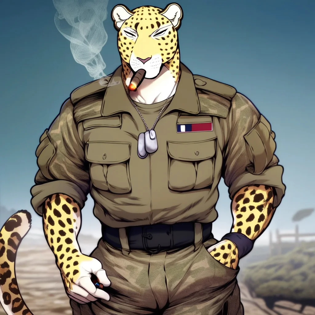 score_9_up, score_8_up, score_7_up, Masterpiece, best quality, high quality, detailed, male, solo male, 1boy, Charr Gadot, anthro, leopard, mature male, animal ears, yellow body, light underbelly, spots, athletic build, black eyes, muscular male, wide hips, thick thighs, outdoors, looking at viewer, standing, smoking a cigar, light green shirt, military, army, camo pants, dog tags necklace, half body
