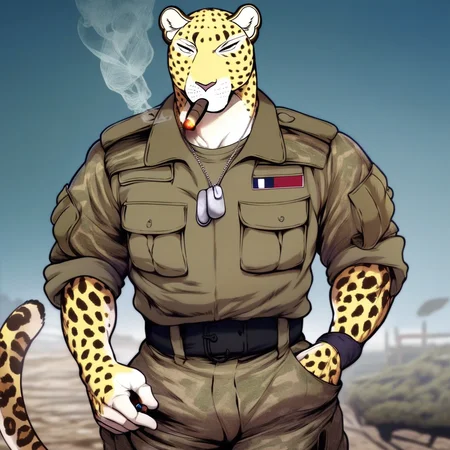 score_9_up, score_8_up, score_7_up, Masterpiece, best quality, high quality, detailed, male, solo male, 1boy, Charr Gadot, anthro, leopard, mature male, animal ears, yellow body, light underbelly, spots, athletic build, black eyes, muscular male, wide hips, thick thighs, outdoors, looking at viewer, standing, smoking a cigar, light green shirt, military, army, camo pants, dog tags necklace, half body