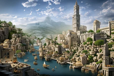 (masterpiece:1.2), (best quality,:1.2), 8k, HDR, ultra detailed, ((photorealistic)), professional light, cinematic lighting, fashion photography, ambient lighting, atmospheric effects, Numenor, a medieval fantasy city at the ocean, a big harbour, some ships, statues, towers, walls, <lora:Numenor-10:1>, in the style of Middle Earth, Tolkien, Minas Tirith, epiCPhoto