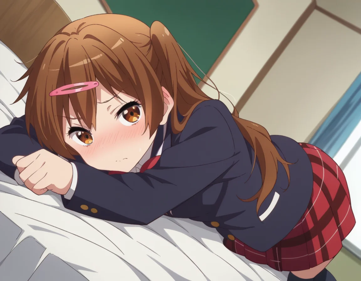 score_9, score_8_up, score_7_up, source_anime,
shinkanibutani, <lora:shinka-nibutani-s2-ponyxl-lora-nochekaiser:1>,
shinka nibutani, long hair, brown hair, hair ornament, brown eyes, hairclip, one side up,
skirt, school uniform, jacket, plaid, kneehighs, plaid skirt, blazer, icho private high school uniform, blue blazer,
indoors, bed, bed room, on side, blush, drunk,
looking at viewer, cowboy shot, dutch angle, solo,