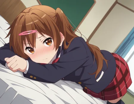 score_9, score_8_up, score_7_up, source_anime,
shinkanibutani, <lora:shinka-nibutani-s2-ponyxl-lora-nochekaiser:1>,
shinka nibutani, long hair, brown hair, hair ornament, brown eyes, hairclip, one side up,
skirt, school uniform, jacket, plaid, kneehighs, plaid skirt, blazer, icho private high school uniform, blue blazer,
indoors, bed, bed room, on side, blush, drunk,
looking at viewer, cowboy shot, dutch angle, solo,