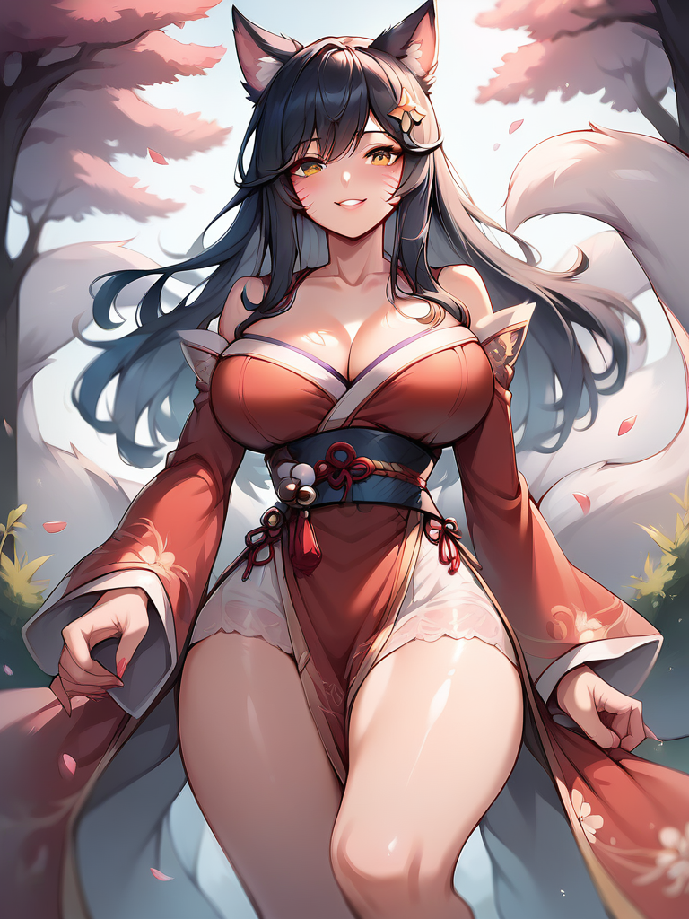 (score_9, score_8_up), score_7_up, score_6_up, best quality, highest quality, cherry blossoms, cherry tree, sunny BREAK 
ahri, black hair, yellow eyes, floating hair, 
red kimono, smile, blush, curvy,
 <lora:S_Tier_PDXL_V1:0.8>