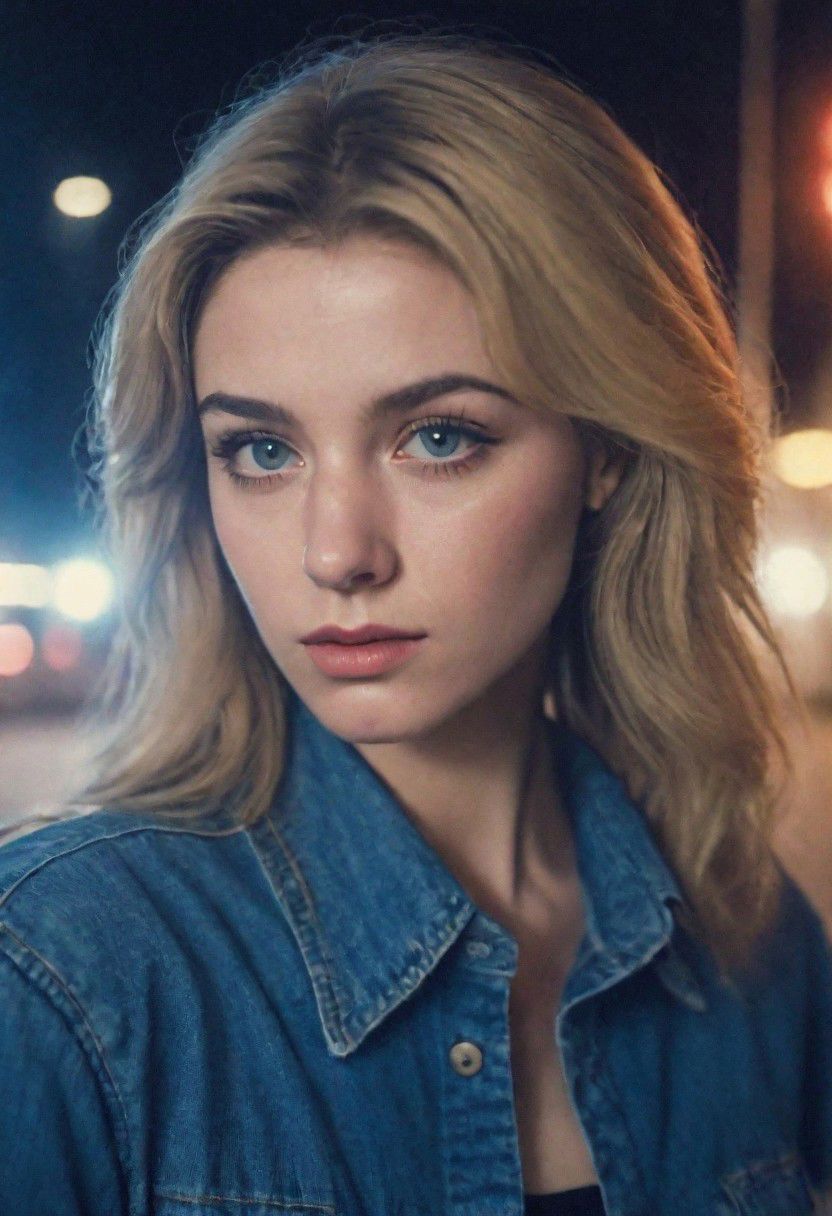 Analogic Portrait Photo a portrait 80s, and hyperdetailed photography, a woman 21-25 years old in street of city,night time, blonde hair, blue eyes , suspiria, hiperdetailed 80s clothes and hair,  makeup 80s,  background,squat pose,yearbook shot, perfil , granulate