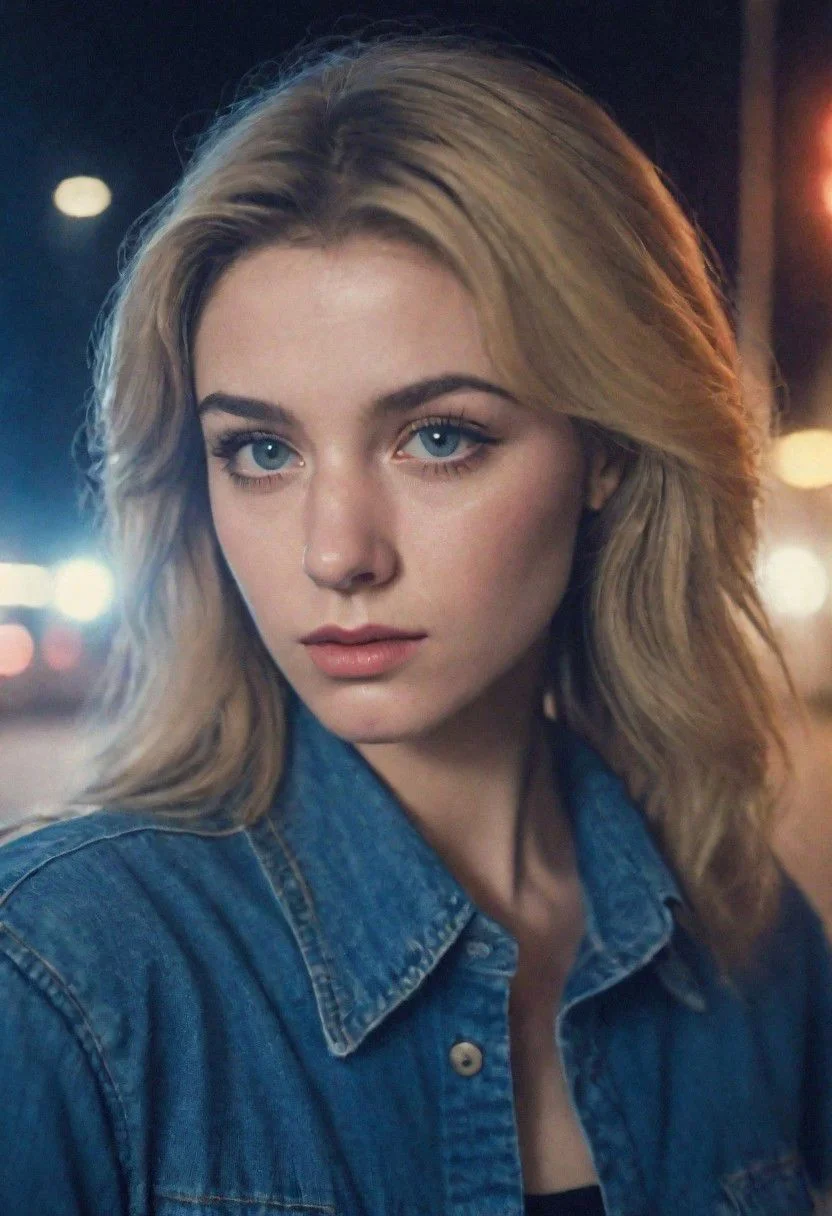 Analogic Portrait Photo a portrait 80s, and hyperdetailed photography, a woman 21-25 years old in street of city,night time, blonde hair, blue eyes , suspiria, hiperdetailed 80s clothes and hair, makeup 80s, background,squat pose,yearbook shot, perfil , granulate