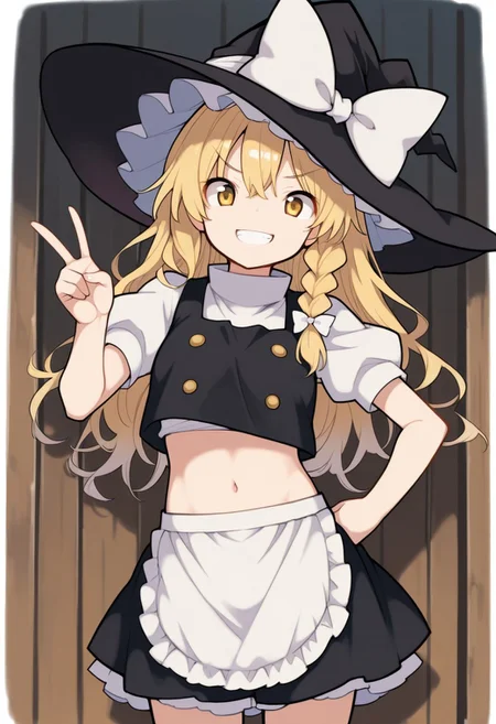 masterpiece,best quality,amazing quality, 1girl, solo, kirisame marisa, touhou, asakura_maru, blonde_hair, braid, long_hair, single_braid, hair_bow, yellow_eyes, bow, hat, witch_hat, hat_bow, shirt, apron, white_bow, black_hat, vest, white_shirt, black_vest, skirt, navel, midriff, grin, v, standing, full body, looking at viewer, cowboy shot
