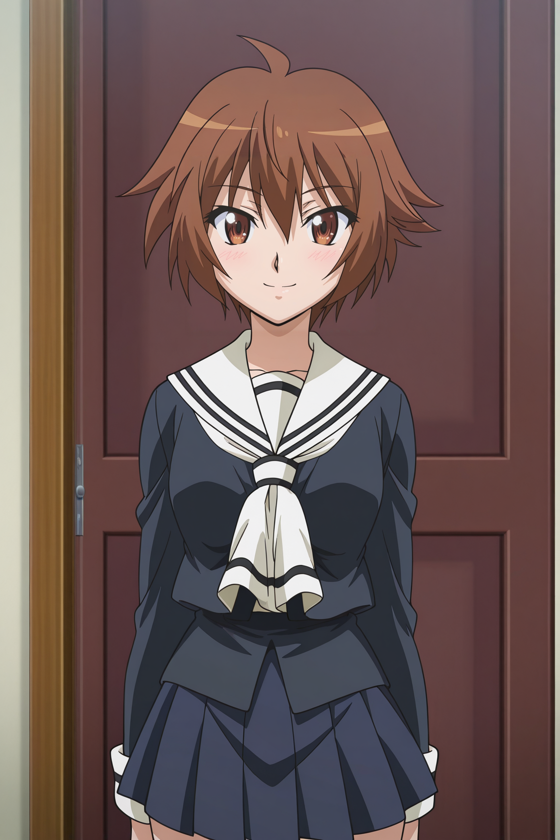 masterpiece, best quality, absurdres, highres, source anime, very aesthetic, very awa, BREAK, anime coloring, anime screencap,
<lora:swing_out_sisters_v1-illustrious_r1:1>, 1girl, chinatsu \(swing out sisters\), brown eyes, brown hair, short hair, ahoge, small breasts,
BREAK, looking at viewer, smile,
BREAK,   school uniform, miniskirt,