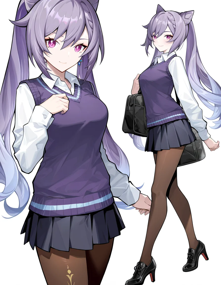 1girl, keqing \(genshin impact\),
kousak1, solo, skirt, shoes, pantyhose, alternate costume, looking at viewer, smile, school uniform, hair bun, twintails, purple hair, bag, breasts, high heels, pleated skirt, sweater vest, miniskirt, cone hair bun, white background, brown pantyhose, long hair, double bun, standing on one leg, shirt, full body, medium breasts, black footwear, standing, simple background, long sleeves, white shirt, black skirt, purple eyes, closed mouth, contemporary,
masterpiece, best quality, very aesthetic, newest, absurdres, incredibly absurdres
<lora:kousaki:1>