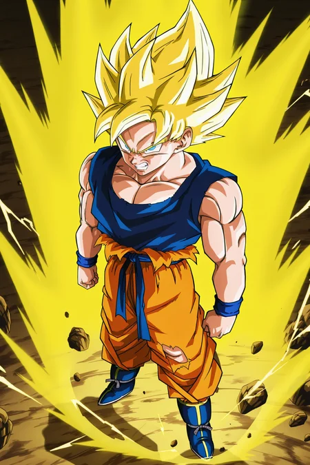 anime screencap, masterpiece, best quality, amazing quality, very aesthetic, absurdres, newest, official style,
son goku, super saiyan, adult, official style, solo, blue eyes, blonde hair, 1boy, male focus, teeth, torn clothes, muscular, muscular male, spiked hair, clenched teeth, rock, electricity, golden aura, blue shirt, sleeveless, blue wristband, blue sash, orange pants, v-shaped eyebrows, v-shaped eyes, arms at sides, floating rock, furious, from above
<lora:SonGoku_IL:0.8>