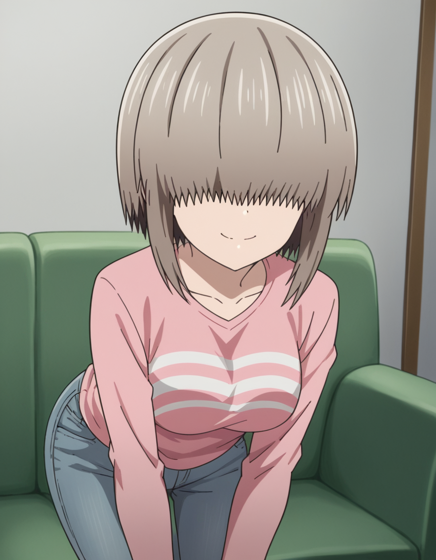 score_9, score_8_up, score_7_up, source_anime,
yanagiuzaki, <lora:yanagi-uzaki-s2-ponyxl-lora-nochekaiser:1>,
yanagi uzaki, short hair, bangs, grey hair, hair over eyes, covered eyes, long bangs, sidelocks, medium breasts,
shirt, long sleeves, pink shirt, collarbone, pants, denim,
indoors, bent over, smile,
looking at viewer, cowboy shot, solo, dutch angle,