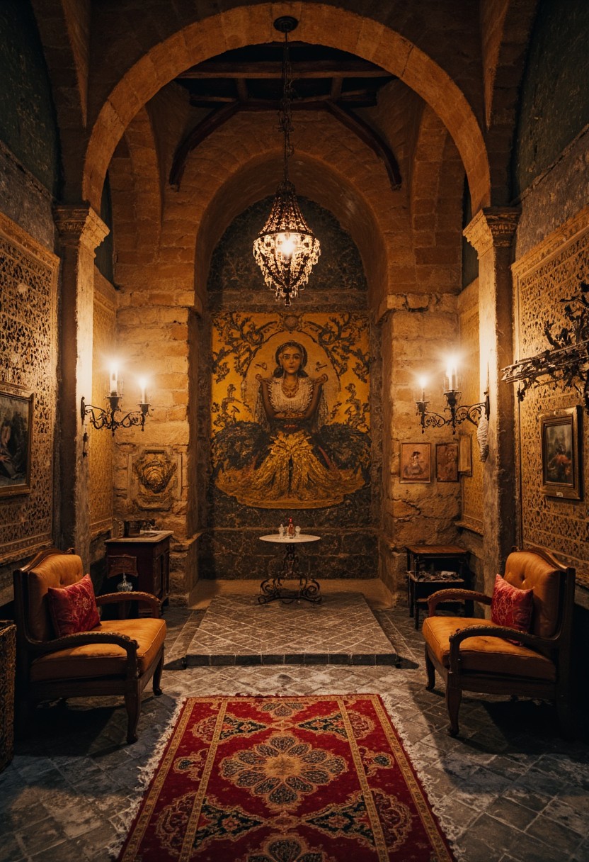 Vibrant Colorful Realistic analog photo, very detailed, hyper detailed, photorealistic, uhd, 4k, a DARK scenery of a Castle hall and the bedouin King with jewelery and golden tiles at the Wall, Realistic analog photo, awesome, high Quality, photorealistic, atmospheric lighting, volumetric lighting, cinematic, Epic Film Quality. intricately royal, stunning detailed
