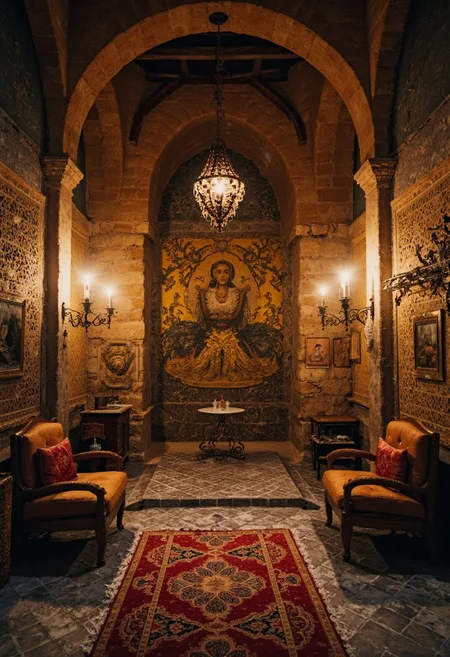 Vibrant Colorful Realistic analog photo, very detailed, hyper detailed, photorealistic, uhd, 4k, a DARK scenery of a Castle hall and the bedouin King with jewelery and golden tiles at the Wall, Realistic analog photo, awesome, high Quality, photorealistic, atmospheric lighting, volumetric lighting, cinematic, Epic Film Quality. intricately royal, stunning detailed