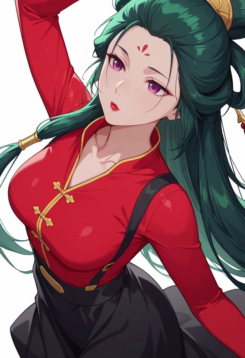 Smooth Quality,masterpiece,very intricate, high quality details, ultra realistic, high detailed skin,detailed enviorement,absurdres,
simple background, white background,solo,
dynamic angle,confused,dancing,
<lora:Fengxian_CNR:0.8> feng_cnr, 1girl,green hair,very long hair,purple eyes,forehead mark, collarbone, red lips,
cheongsam top, ,rash guard, ,suspender skirt, ,