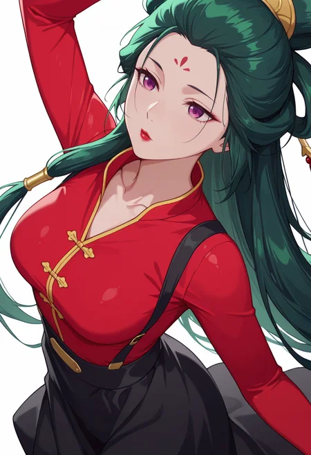 Smooth Quality,masterpiece,very intricate, high quality details, ultra realistic, high detailed skin,detailed enviorement,absurdres,
simple background, white background,solo,
dynamic angle,confused,dancing,
<lora:Fengxian_CNR:0.8> feng_cnr, 1girl,green hair,very long hair,purple eyes,forehead mark, collarbone, red lips,
cheongsam top, ,rash guard, ,suspender skirt, ,