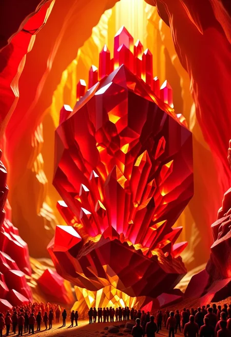 ispzxll, diorama, isometric, miniature, volumetric lighting style, intricate details, massive golden ruby crystal formation, underground cave setting, crowds of people gathered, flash photography, spotlights