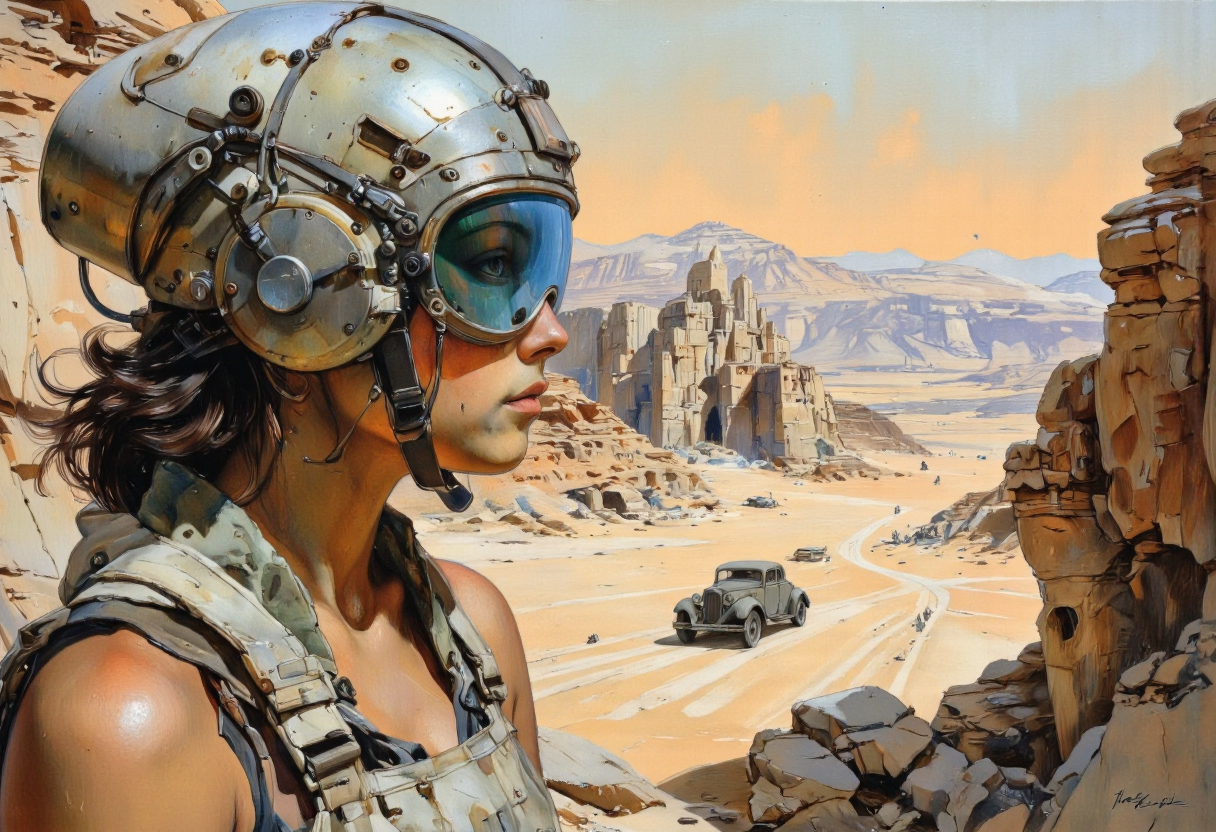 By theaicolab. This image is a digital artwork in a futuristic, sci-fi style. It features a detailed close-up of a young woman's profile, facing left, with a helmet covering her head. The helmet is metallic with a reflective, blue tint and is adorned with various sensors and communication equipment. Her skin is a warm, golden-brown, and she has dark, wavy hair that peeks out from beneath the helmet. Her expression is serious and focused.
The background is a vast, arid desert landscape, rendered in a muted palette of oranges, browns, and grays. In the distance, there are rugged, rocky formations and a lone, old-fashioned car, suggesting a blend of futuristic and primitive elements. The sky is a soft, gradient blue transitioning into a pale orange, creating a dramatic contrast with the earthy tones of the foreground.
The overall composition is dynamic, with the woman's profile dominating the upper half of the image, while the expansive desert and distant car occupy the lower half. The texture of the sand and the ruggedness of the rocks are finely detailed, enhancing the sense of realism in the digital medium. The artwork effectively captures a blend of futuristic technology and harsh, alien environments. <lora:The_AI_Colab:0.9> <lora:Fluxartis_Photography:0.8>