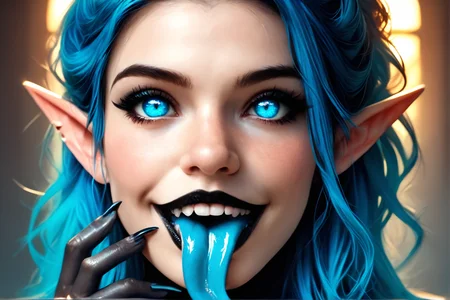 <lora:checkpoint-e18_s306 (2):0.8>demonpunk
score_9,score_8_up,score_7_up,low lighting,highly detailed,dynamic angle,aesthetic,skin detail, freckles, feminine features, detailed skin,
realistic, photorealistic, photo, award winning photograph, 
an incredibly beautiful woman,dynamic pose, sexy pose, slutty, 
(petite,(detailed skin texture), slim build),
big eyes, glowing [blue] eyes, 
black lips,eyelashes, black eyeliner,
(shy, bashful, aroused, horny, blushing, shy smile, cute smile, embarrassed),
((1girl)),solo,,
long tongue, tongue out, [blue] tongue,
small breasts,perky breasts, 
a portrait of a beautiful woman,black lips, black lipstick, long tongue, tongue out,saliva, corruption, transformation,  ([blue] tongue), skin detail,(perfect teeth:1.2), pointed ears, freckles, feminine features, detailed skin, (symbiote, bodysuit),shigmade,(hand on her cheek, touching her cheek),perfect hand, [symbiote gloves],slit pupils, cat eyes, black slime,  [blue] eyes, elegant hands, perfect hands, claws, dark background, multicolor hair, black and [blue] hair, dyed hair, ombre hair, detailed hair,
<lora:Gradient_Skin:1>,
<lora:Perfect Hands:1> Perfect Hands,
  ShigMix, gradient skin, gradientskin,  photo,  
<lora:RELSM_v1:0.5>