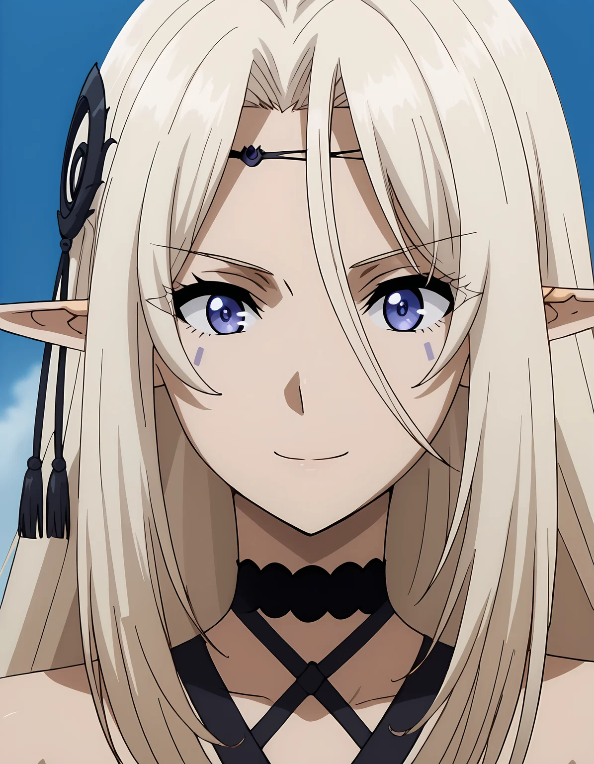<lora:Beatrice_v2:1>beatrice_eminence, 1girl, solo, upper body, face, anime coloring, smile, closed mouth, choker,