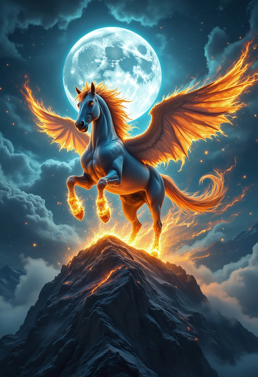 A majestic mythical horse stands atop a jagged mountain peak, shrouded in swirling mists and illuminated by a glowing, otherworldly moon. Its body shimmers with iridescent scales that shift in color, blending deep sapphire blues and molten gold. Flowing, ethereal manes of fire cascade from its neck, flickering like a living flame. Its eyes burn with celestial light, and from its hooves, sparks of raw energy scatter as it stomps the ground, creating cracks that glow with molten lava. Massive, feathered wings with intricate patterns resembling galaxies spread wide, radiating divine energy. The sky is a storm of swirling stars and lightning, and the horse seems to command the heavens themselves. The entire scene is bathed in dramatic, cinematic lighting, making the creature appear both awe-inspiring and terrifying, as if it is the guardian of the cosmos