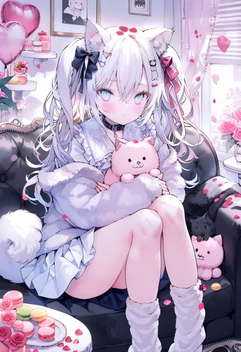 masterpiece, best quality, <lora:oninekoXL_ANI31_lokr_V43P1:0.95> 1girl, animal ears, blue eyes, hair ornament, white hair, skirt, food, looking at viewer, solo, sitting, collar, long hair, flower, window, socks, indoors, pleated skirt, hairclip, long sleeves, bow, tail, blush, shirt, hair bow, cat ears, stuffed toy, animal ear fluff, closed mouth, macaron, pink flower, ribbon, hair between eyes, holding, heart, rose, white socks, twintails, balloon, white skirt, petals, loose socks, couch, frills, hair ribbon, curtains, jacket