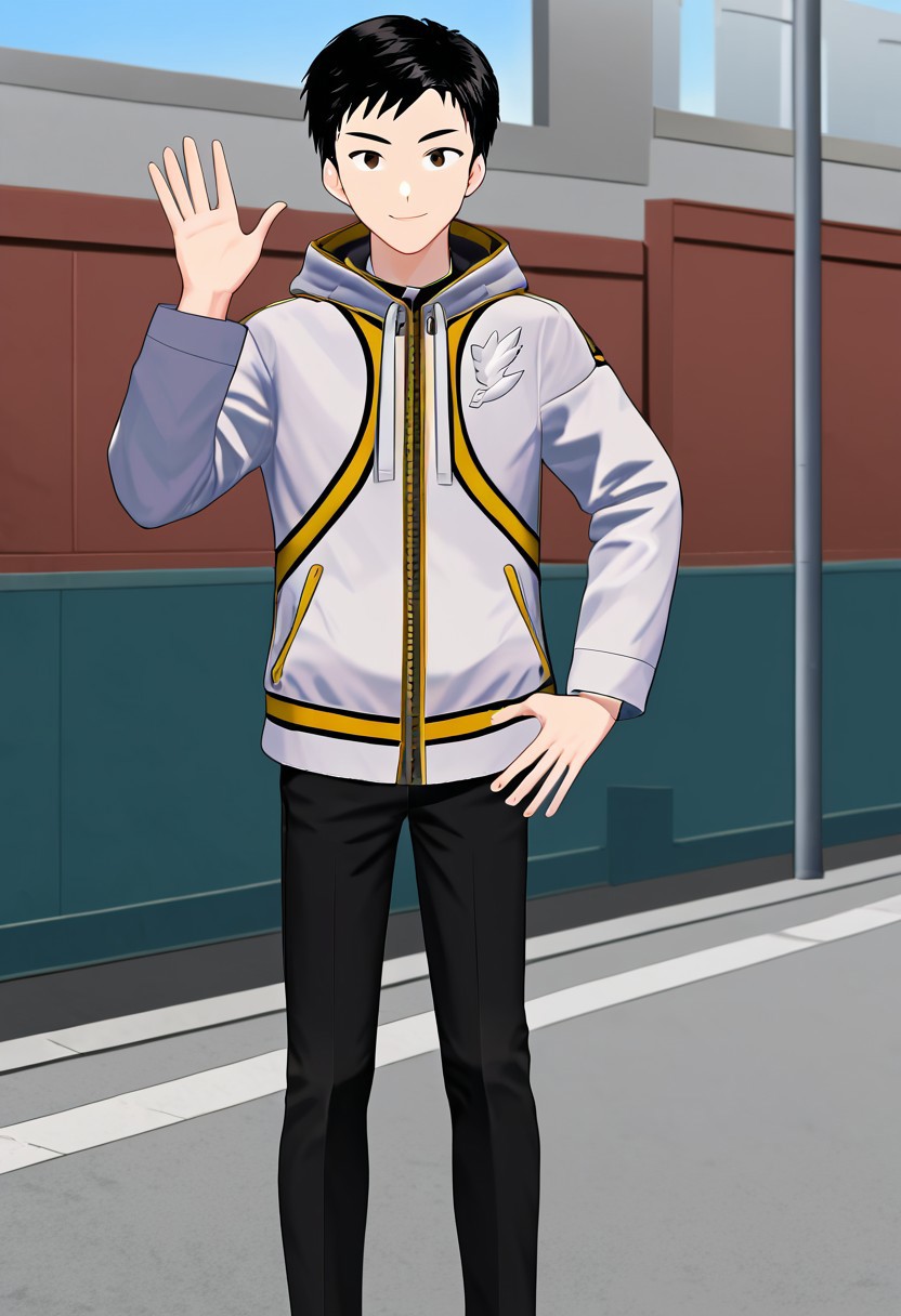 harmard, black hair, short hair, brown eyes, 1boy, solo, solo focus, black_white_jacket, black pants, outdoor setting, right hand waving gesture, left hand leans on hip, handfixer