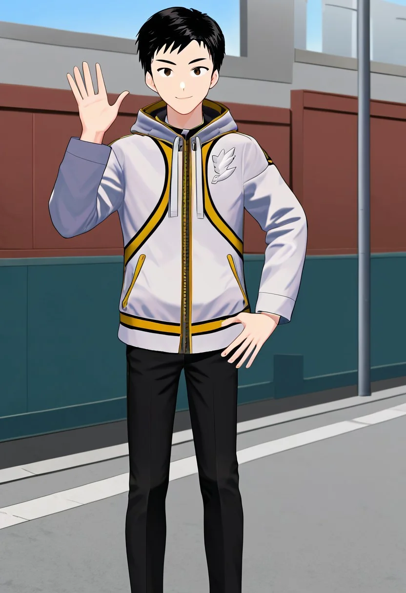 harmard, black hair, short hair, brown eyes, 1boy, solo, solo focus, black_white_jacket, black pants, outdoor setting, right hand waving gesture, left hand leans on hip, handfixer