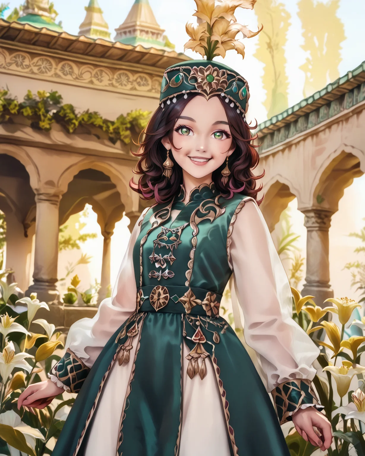 score_9, score_8_up, score_7_up, 1girl, wearing green kazfa, green clothing with pink embroidery, waist-up, energetic, sweet smile, wavy dark hair, beautiful eyes, very detailed clothes, gold accents, gorgeous gazebo, Moroccan architecture, lilies, nature, masterpiece, highest quality, absurdres, 8k, trending on artstation, (detailed,best quality:1.2), detailed face, detailed hair, <lora:ITITI:1>, PRSNL_3_1, <lora:KazakhFashionXL:1.1>