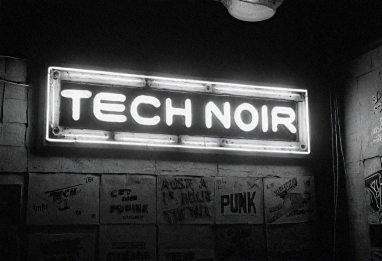 cinematic, ((black and white, monochrome, greyscale)), photograph, in 1985, inside of a punk nightclub, a neon sign says "TECH & NOIR' on a wall, focus on sign, noise, detailed, high quality, cinematic lighting, contrast, heavy dynamic shadows, atmospheric,