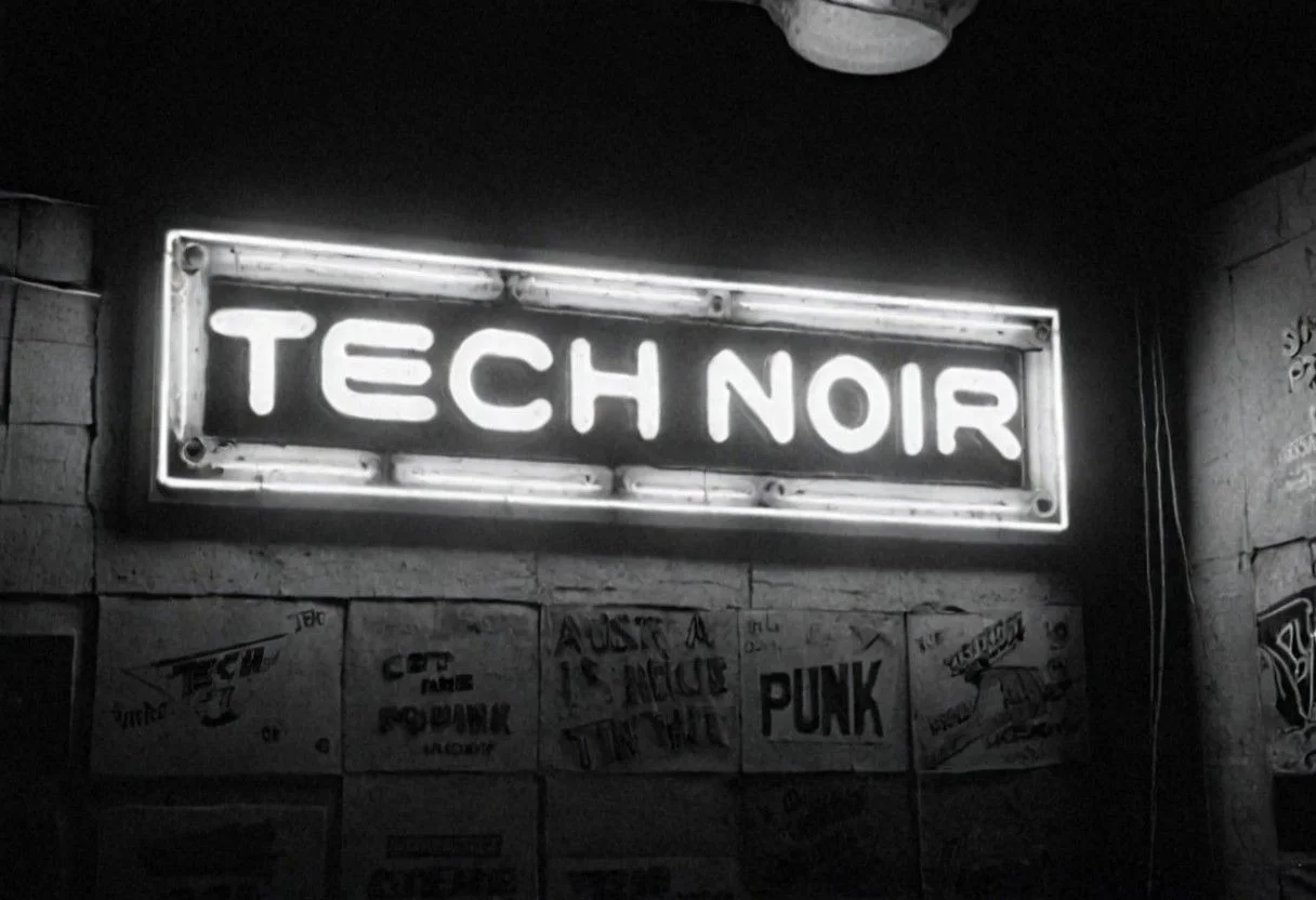cinematic, ((black and white, monochrome, greyscale)), photograph, in 1985, inside of a punk nightclub, a neon sign says "TECH & NOIR' on a wall, focus on sign, noise, detailed, high quality, cinematic lighting, contrast, heavy dynamic shadows, atmospheric,