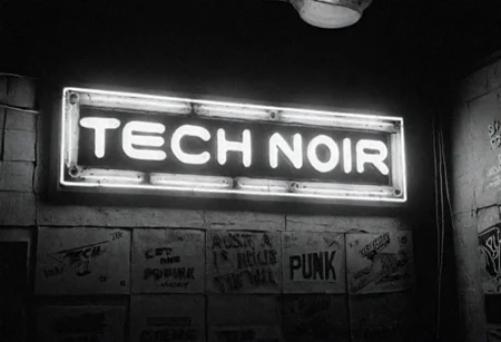cinematic, ((black and white, monochrome, greyscale)), photograph, in 1985, inside of a punk nightclub, a neon sign says "TECH & NOIR' on a wall, focus on sign, noise, detailed, high quality, cinematic lighting, contrast, heavy dynamic shadows, atmospheric,