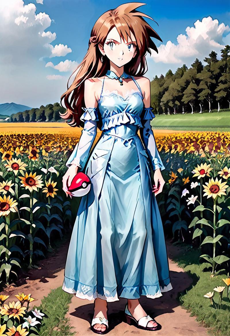 { full body, forest background, standing, FemGary:2.0, 1woman, solo, full body render, detailed facial features, full-length dress, long dress, lace, bare shoulders, detached sleeves, flowing ankle-length dress, flwdrss, holding a pokeball, standing in a field of flowers, in shade:1.5, }
flowers, rolling hills in the distance, field of flowers, various types of flowers, lillies, orchids, petunias, tulips,  sunflowers, multiple colors of flowers, light cloud cover, detailed environment, detailed background, 
pks, pokemon, 4kFacePonyXL,