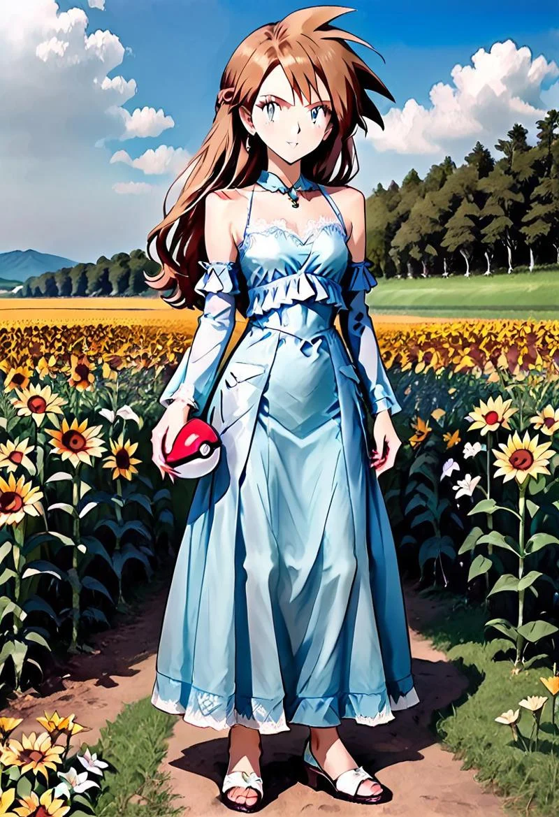 { full body, forest background, standing, FemGary:2.0, 1woman, solo, full body render, detailed facial features, full-length dress, long dress, lace, bare shoulders, detached sleeves, flowing ankle-length dress, flwdrss, holding a pokeball, standing in a field of flowers, in shade:1.5, }
flowers, rolling hills in the distance, field of flowers, various types of flowers, lillies, orchids, petunias, tulips, sunflowers, multiple colors of flowers, light cloud cover, detailed environment, detailed background,
pks, pokemon, 4kFacePonyXL,